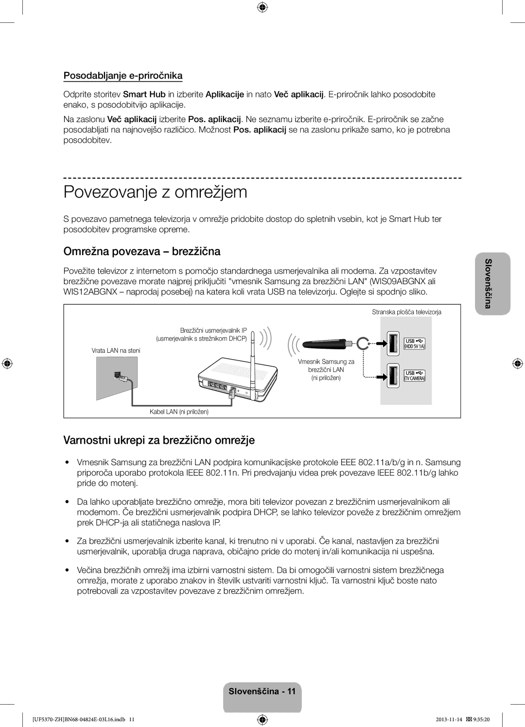 Samsung UE40F5370SSXZH manual Povezovanje z omrežjem, Omrežna povezava brezžična, Varnostni ukrepi za brezžično omrežje 