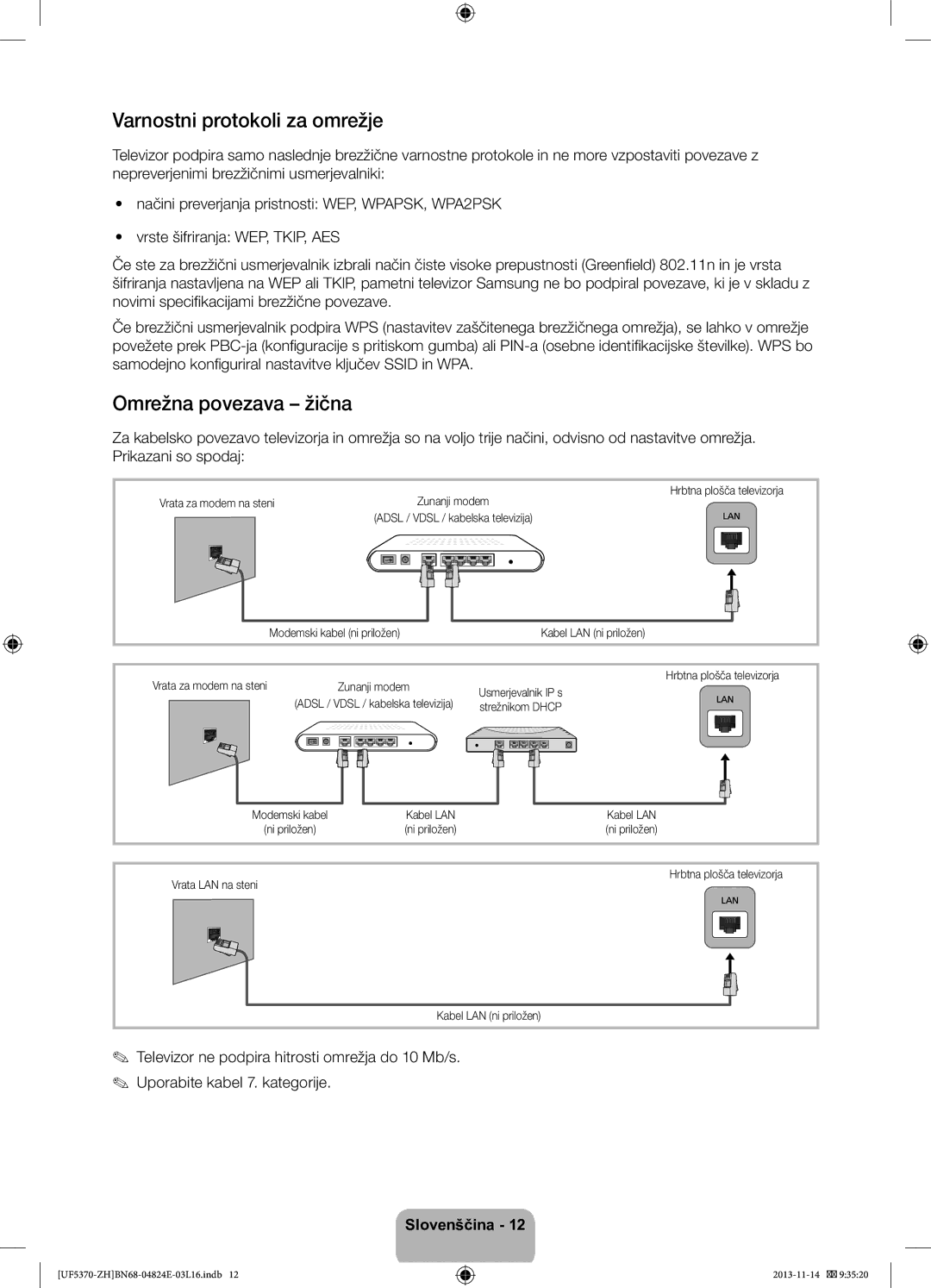 Samsung UE46F5370SSXZH, UE40F5370SSXZH manual Varnostni protokoli za omrežje, Omrežna povezava žična 