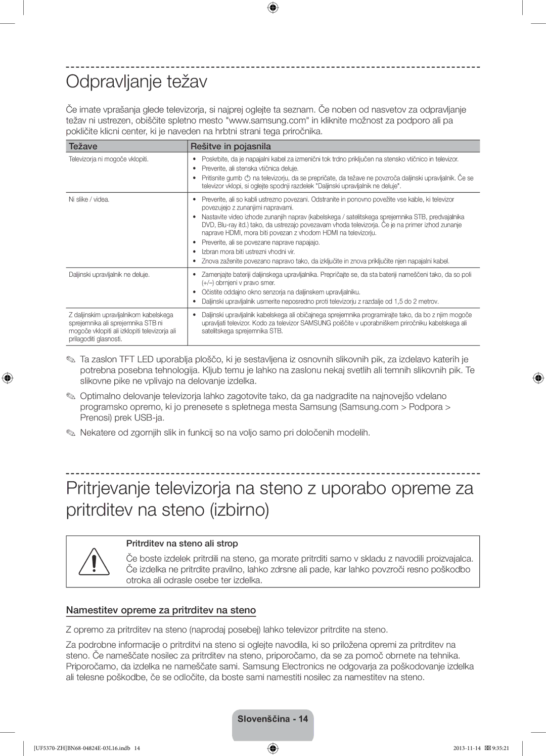 Samsung UE46F5370SSXZH manual Odpravljanje težav, Namestitev opreme za pritrditev na steno, Težave Rešitve in pojasnila 