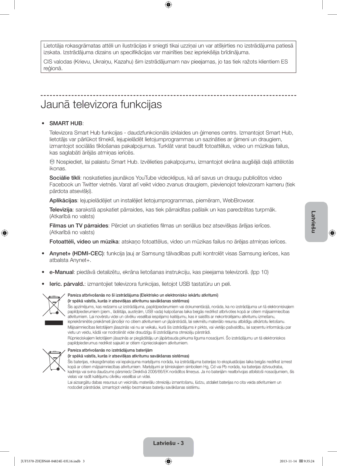 Samsung UE40F5370SSXZH, UE46F5370SSXZH manual Jaunā televizora funkcijas, Smart HUB 