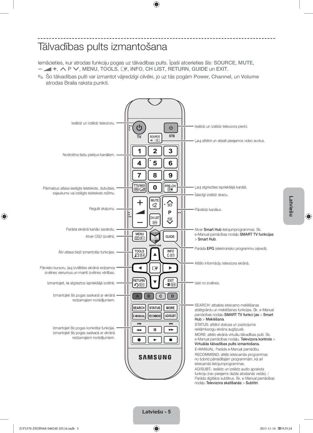 Samsung UE40F5370SSXZH manual Tālvadības pults izmantošana, Ieslēdz un izslēdz televizoru, Manual Parāda e-Manual pamācību 