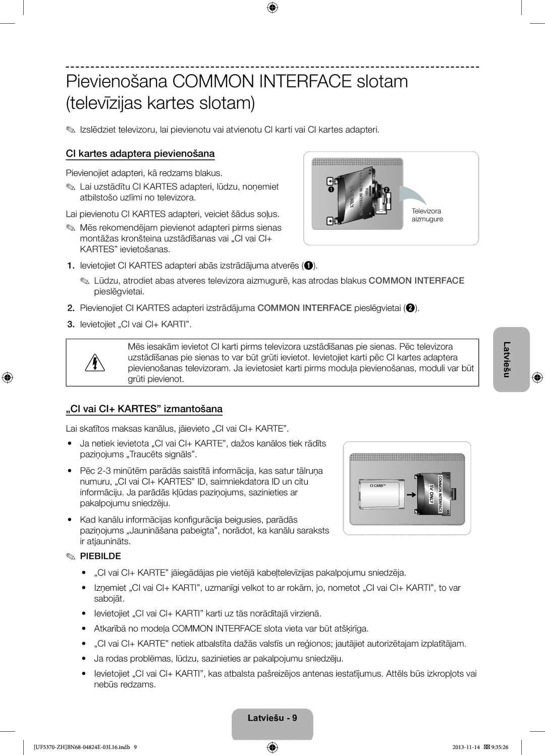 Samsung UE40F5370SSXZH, UE46F5370SSXZH manual CI kartes adaptera pievienošana, „CI vai CI+ Kartes izmantošana, Aizmugure 