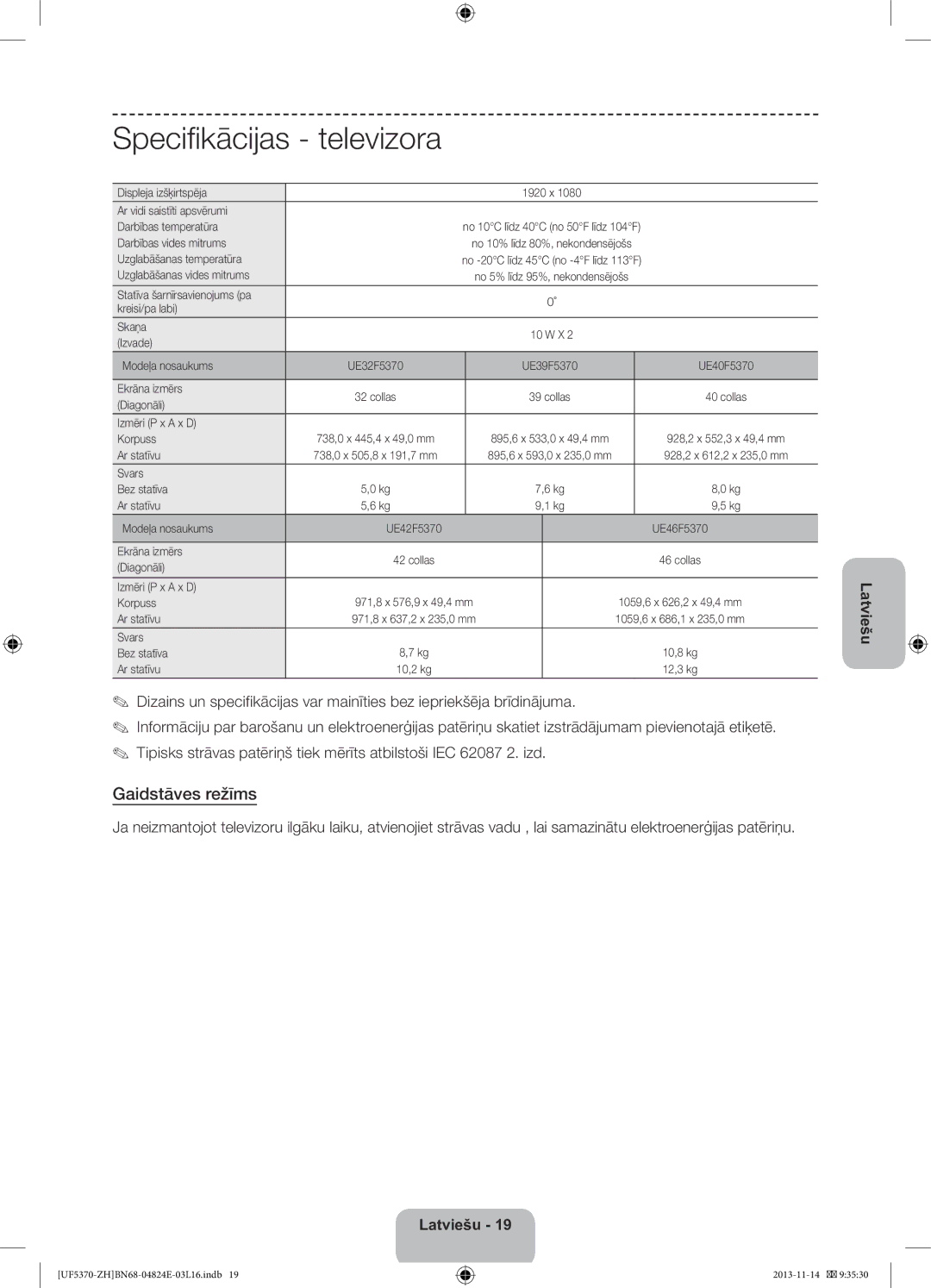 Samsung UE40F5370SSXZH, UE46F5370SSXZH manual Specifikācijas televizora, Gaidstāves režīms 