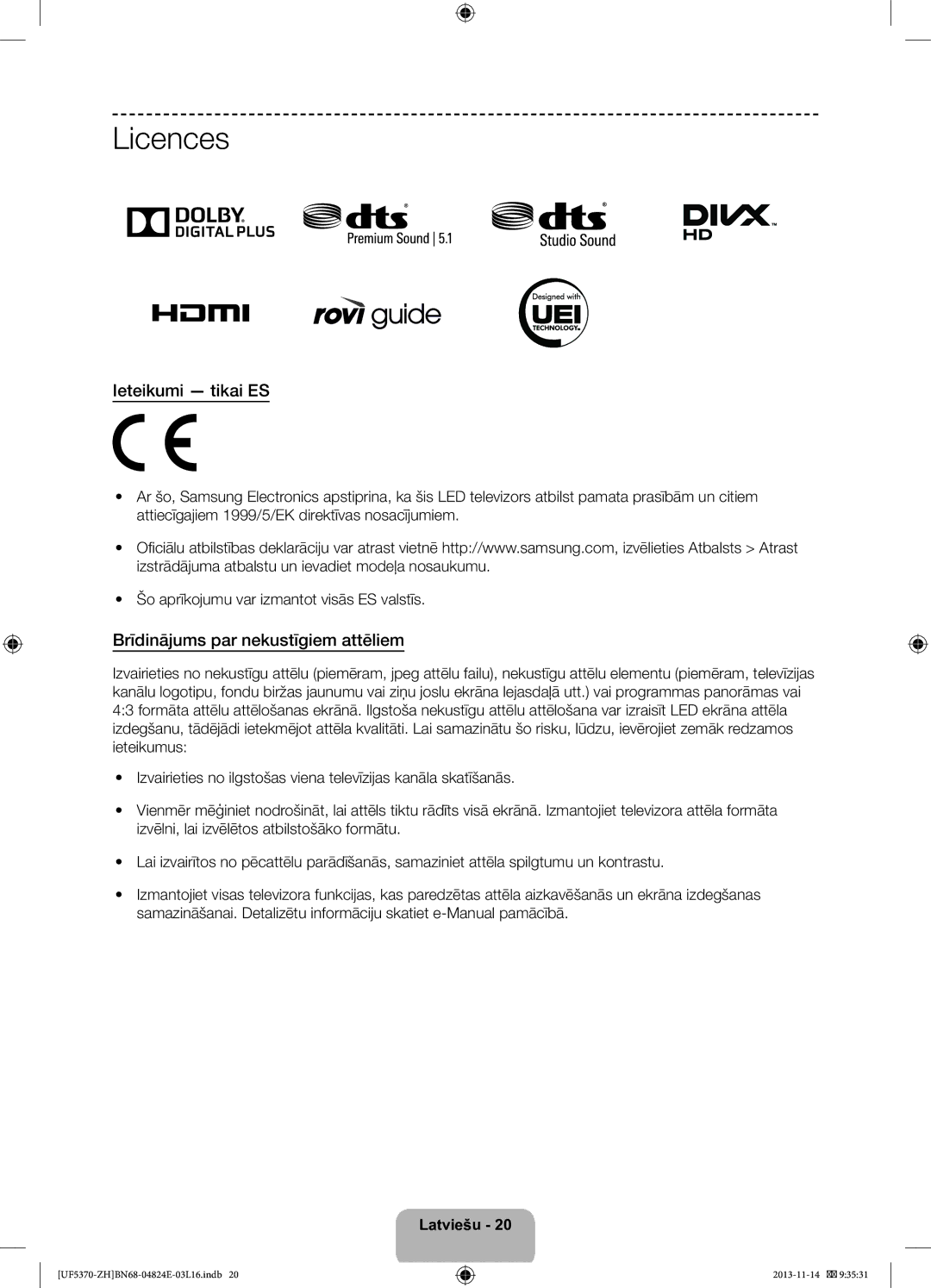 Samsung UE46F5370SSXZH, UE40F5370SSXZH manual Ieteikumi tikai ES, Brīdinājums par nekustīgiem attēliem 