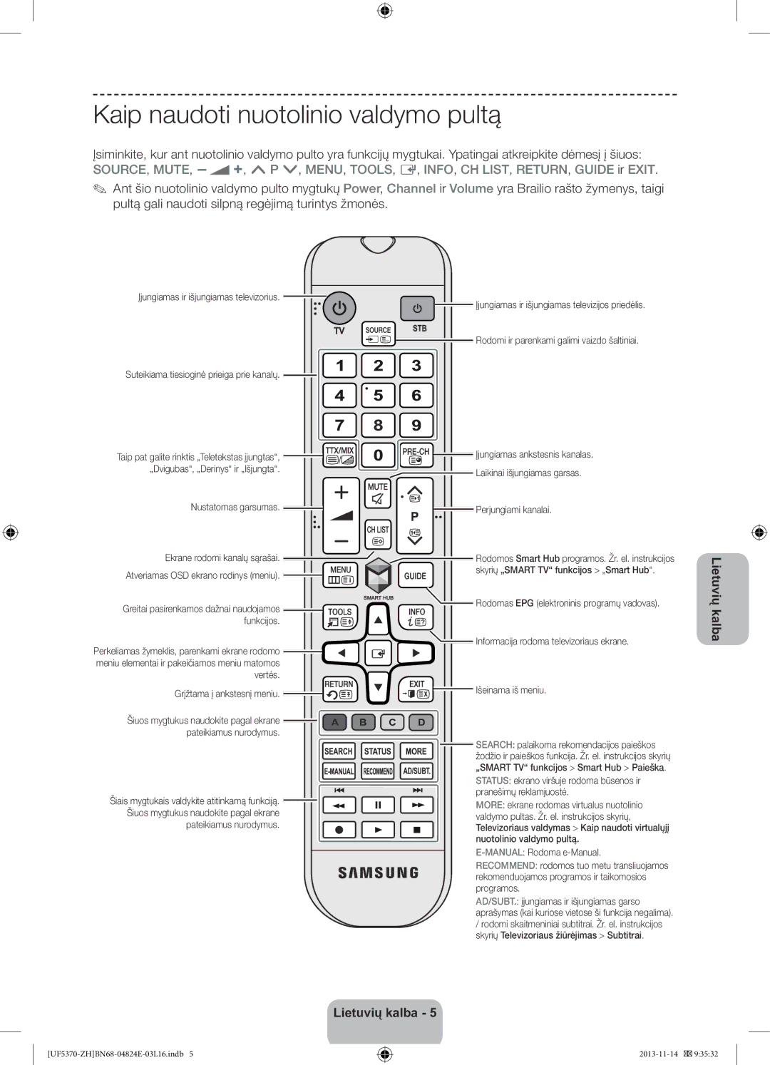 Samsung UE40F5370SSXZH, UE46F5370SSXZH manual Kaip naudoti nuotolinio valdymo pultą 