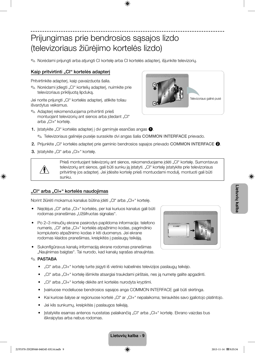 Samsung UE40F5370SSXZH, UE46F5370SSXZH manual Kaip pritvirtinti „CI kortelės adapterį, „CI arba „CI+ kortelės naudojimas 