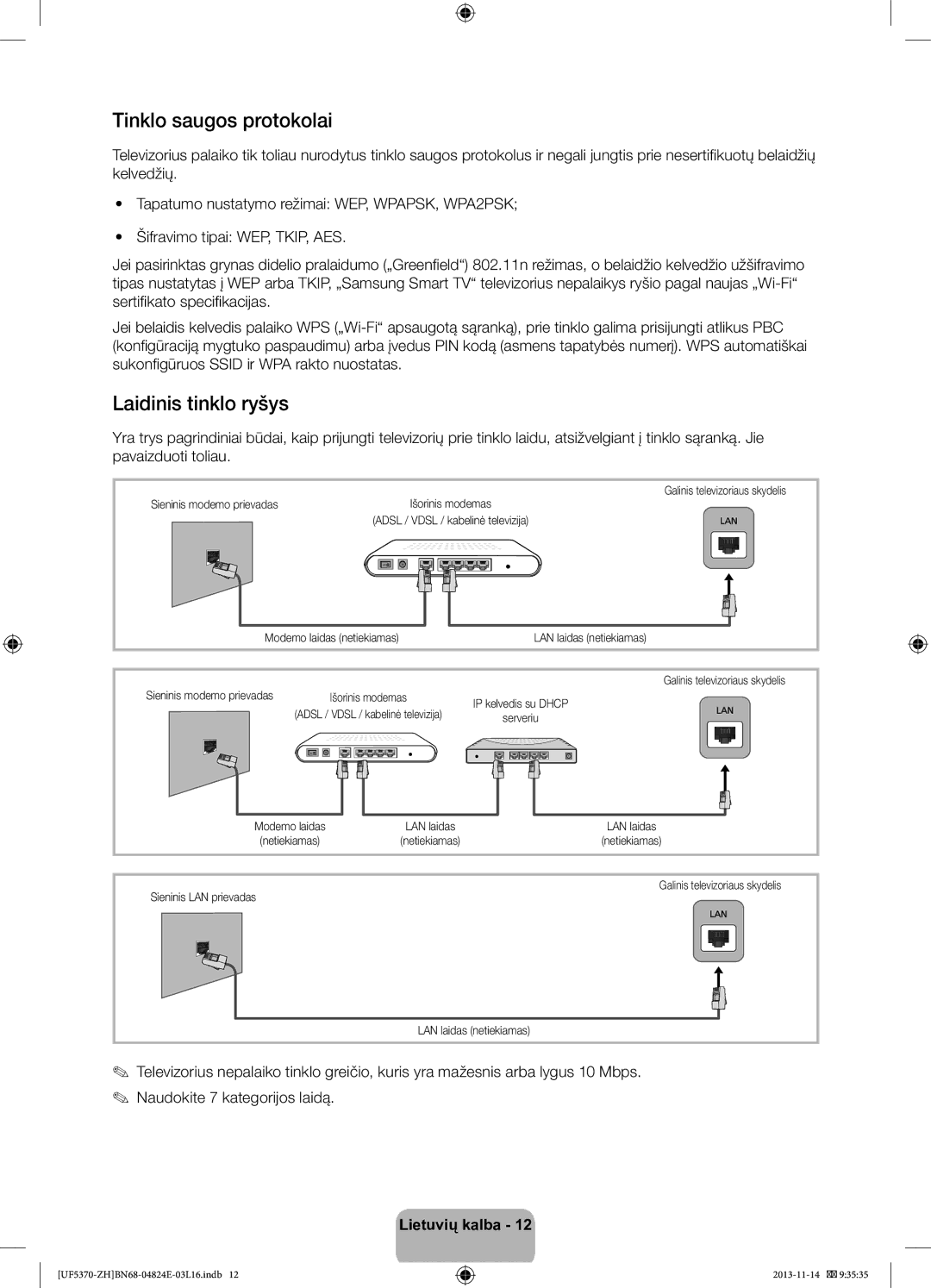 Samsung UE46F5370SSXZH, UE40F5370SSXZH manual Tinklo saugos protokolai, Laidinis tinklo ryšys, WPA rakto nuostatas 