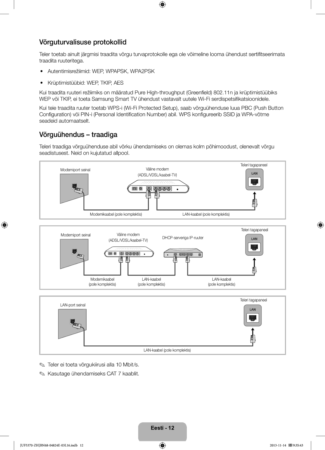 Samsung UE46F5370SSXZH manual Võrguturvalisuse protokollid, Võrguühendus traadiga, Teleri tagapaneel Modemiport seinal 