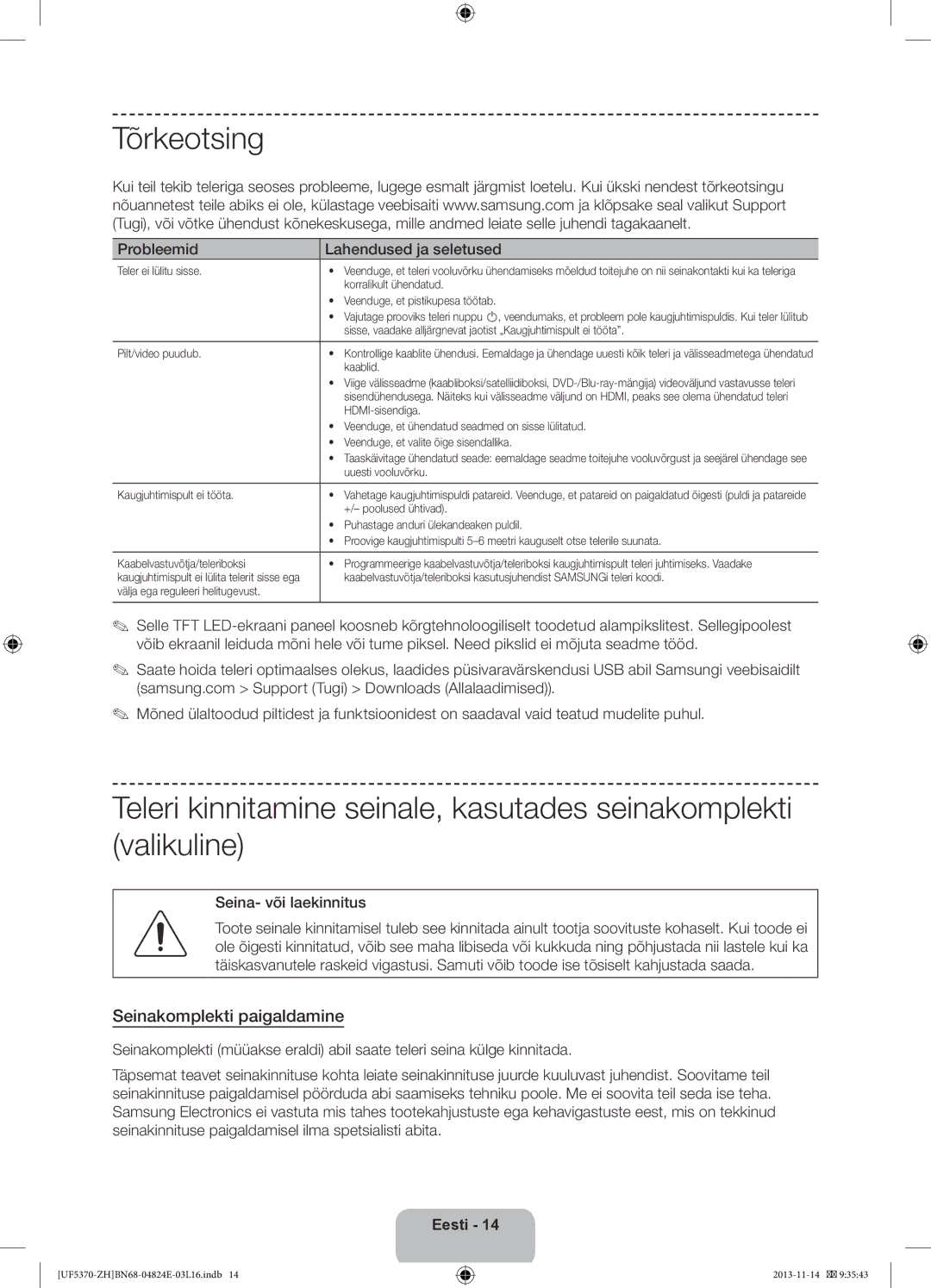 Samsung UE46F5370SSXZH, UE40F5370SSXZH manual Tõrkeotsing, Seinakomplekti paigaldamine, Probleemid Lahendused ja seletused 