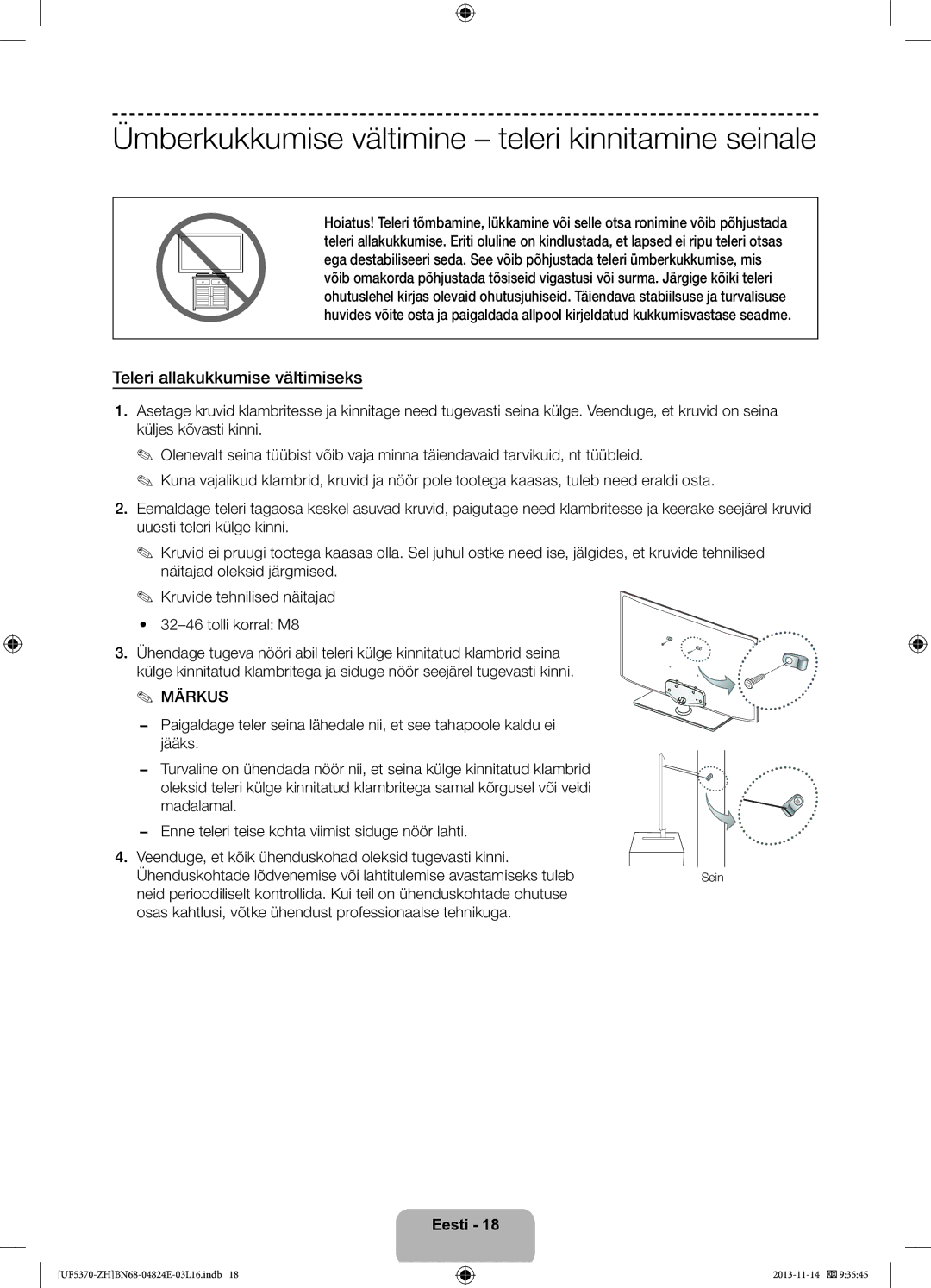 Samsung UE46F5370SSXZH manual Ümberkukkumise vältimine teleri kinnitamine seinale, Teleri allakukkumise vältimiseks, Sein 