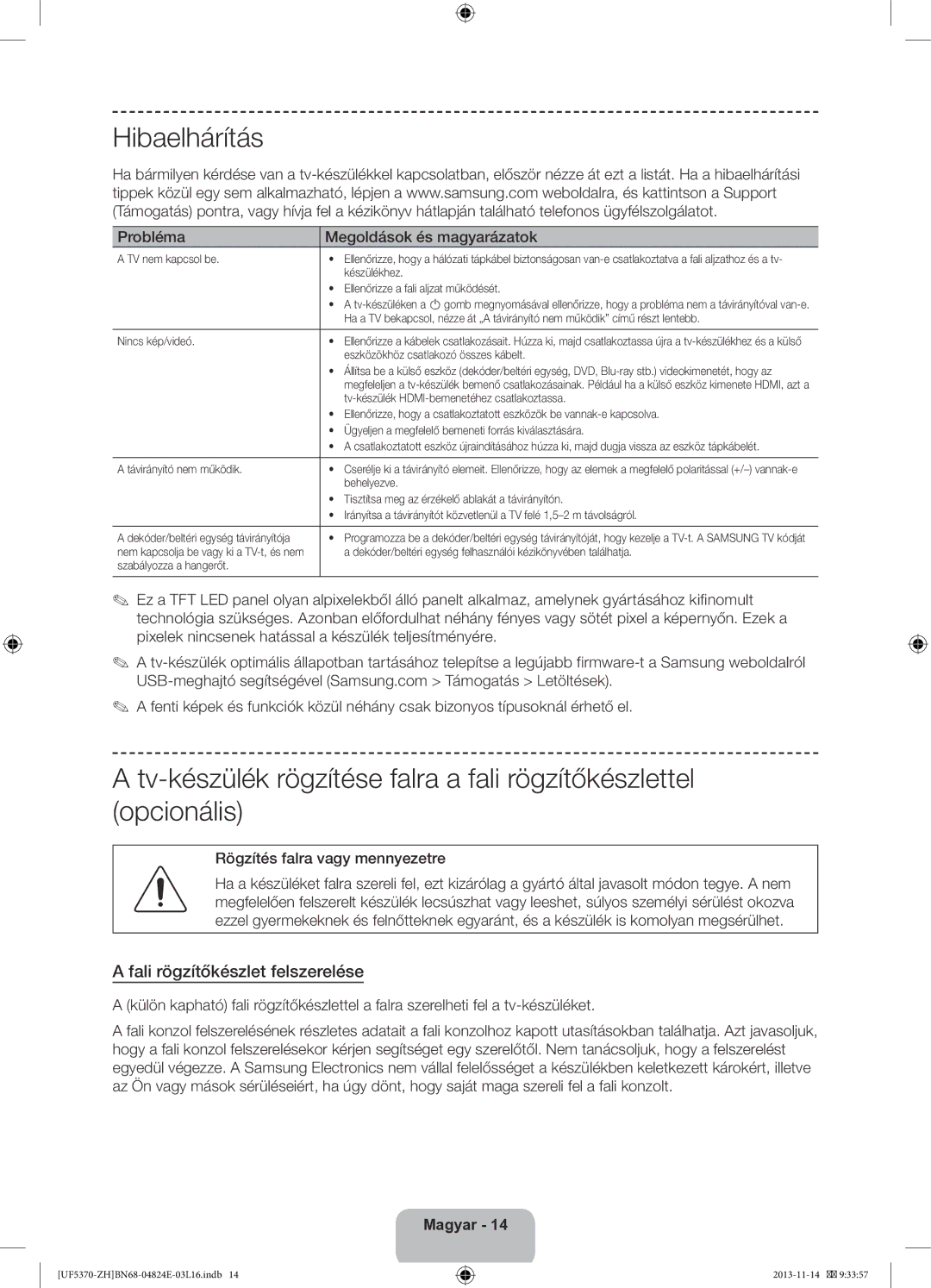 Samsung UE46F5370SSXZH manual Hibaelhárítás, Fali rögzítőkészlet felszerelése, Probléma Megoldások és magyarázatok 