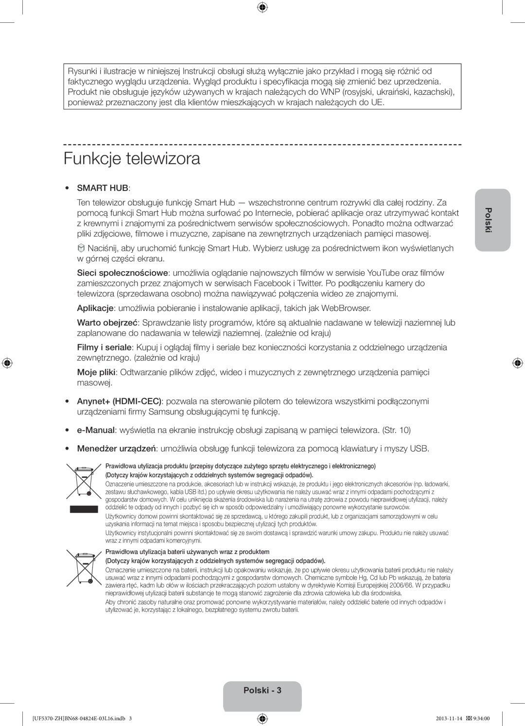 Samsung UE40F5370SSXZH, UE46F5370SSXZH manual Funkcje telewizora, Smart HUB 