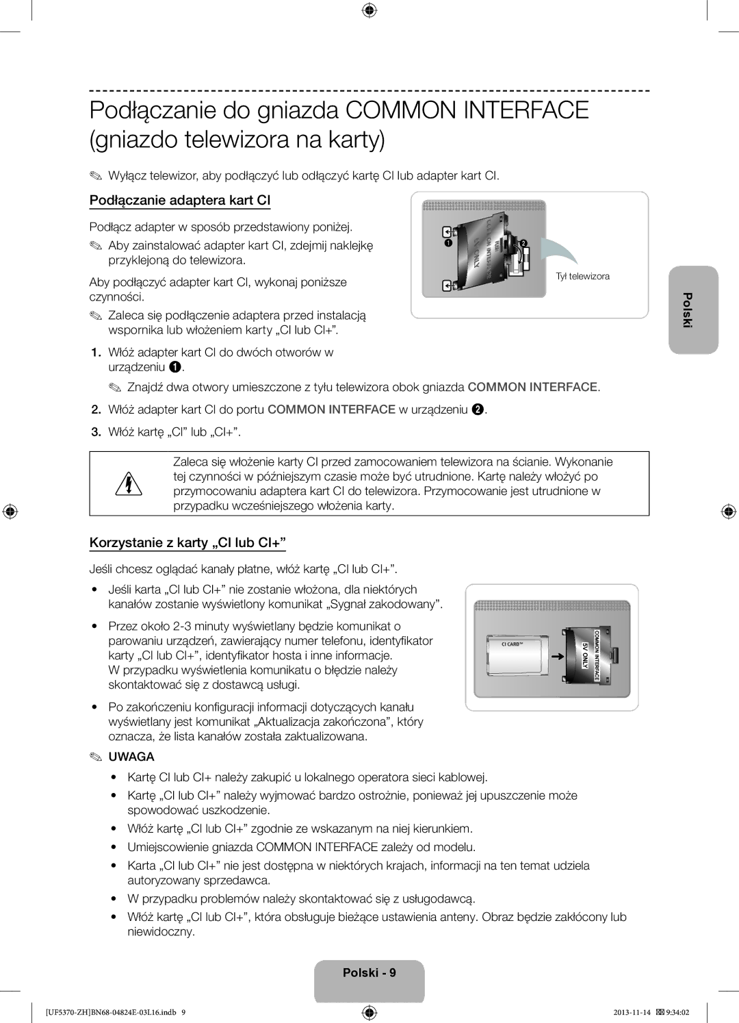 Samsung UE40F5370SSXZH, UE46F5370SSXZH manual Podłączanie adaptera kart CI, Korzystanie z karty „CI lub CI+, Tył telewizora 