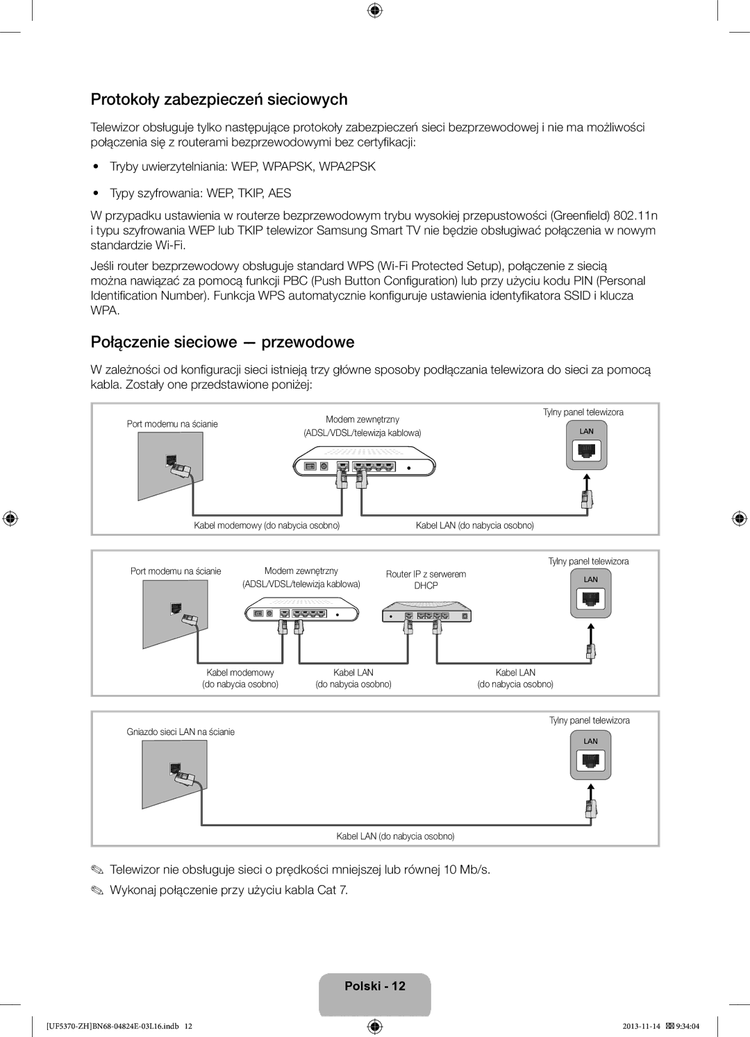 Samsung UE46F5370SSXZH manual Protokoły zabezpieczeń sieciowych, Połączenie sieciowe przewodowe, Port modemu na ścianie 