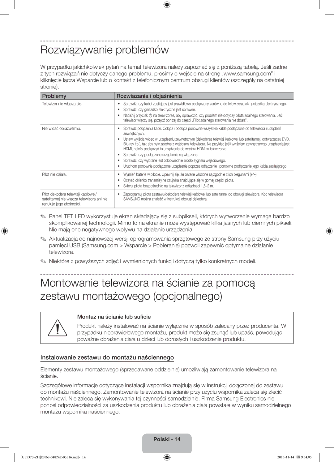 Samsung UE46F5370SSXZH Rozwiązywanie problemów, Instalowanie zestawu do montażu naściennego, Montaż na ścianie lub suficie 