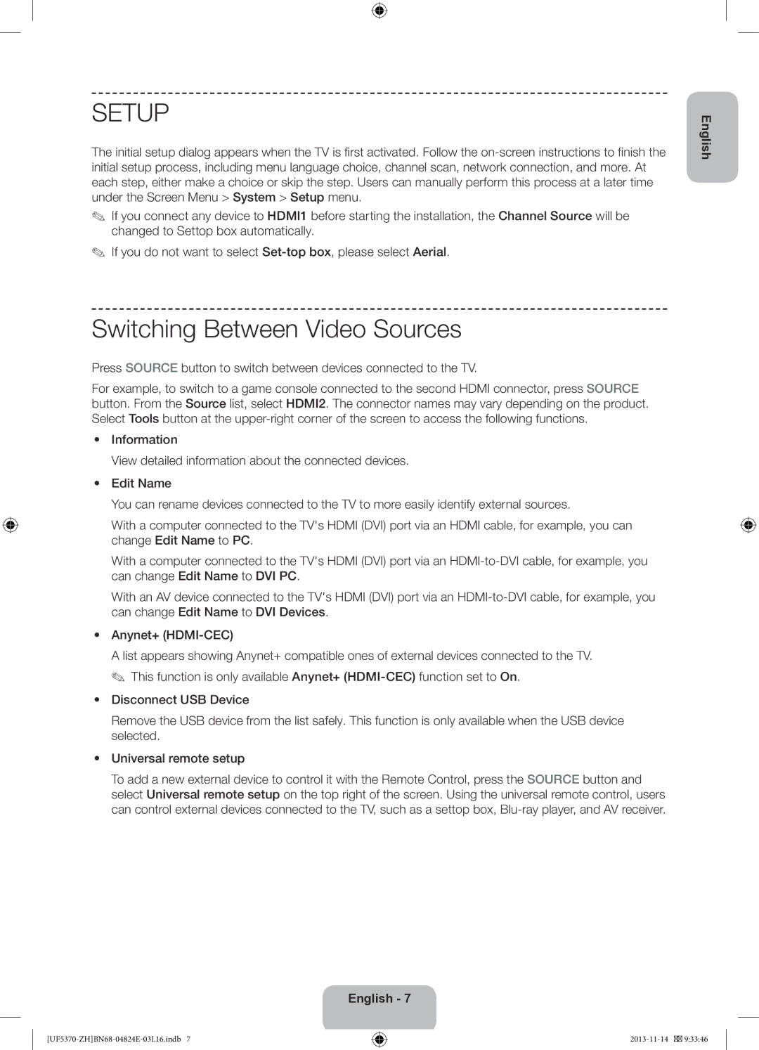 Samsung UE40F5370SSXZH, UE46F5370SSXZH manual Setup, Switching Between Video Sources 