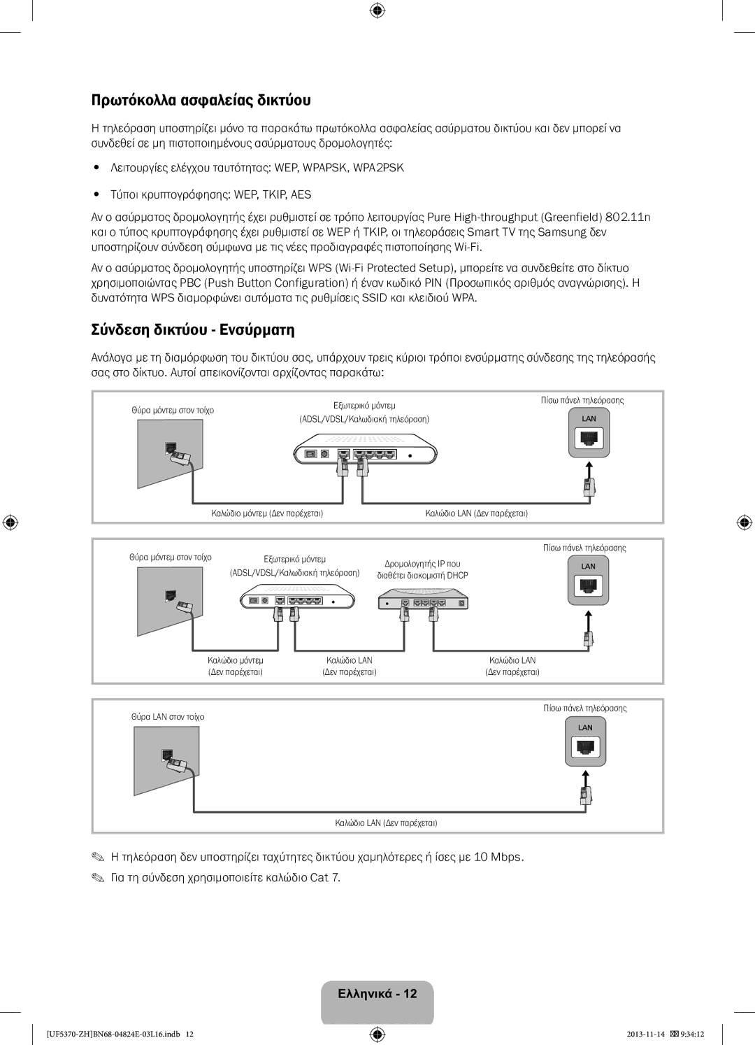 Samsung UE46F5370SSXZH, UE40F5370SSXZH manual Πρωτόκολλα ασφαλείας δικτύου, Σύνδεση δικτύου Ενσύρματη 