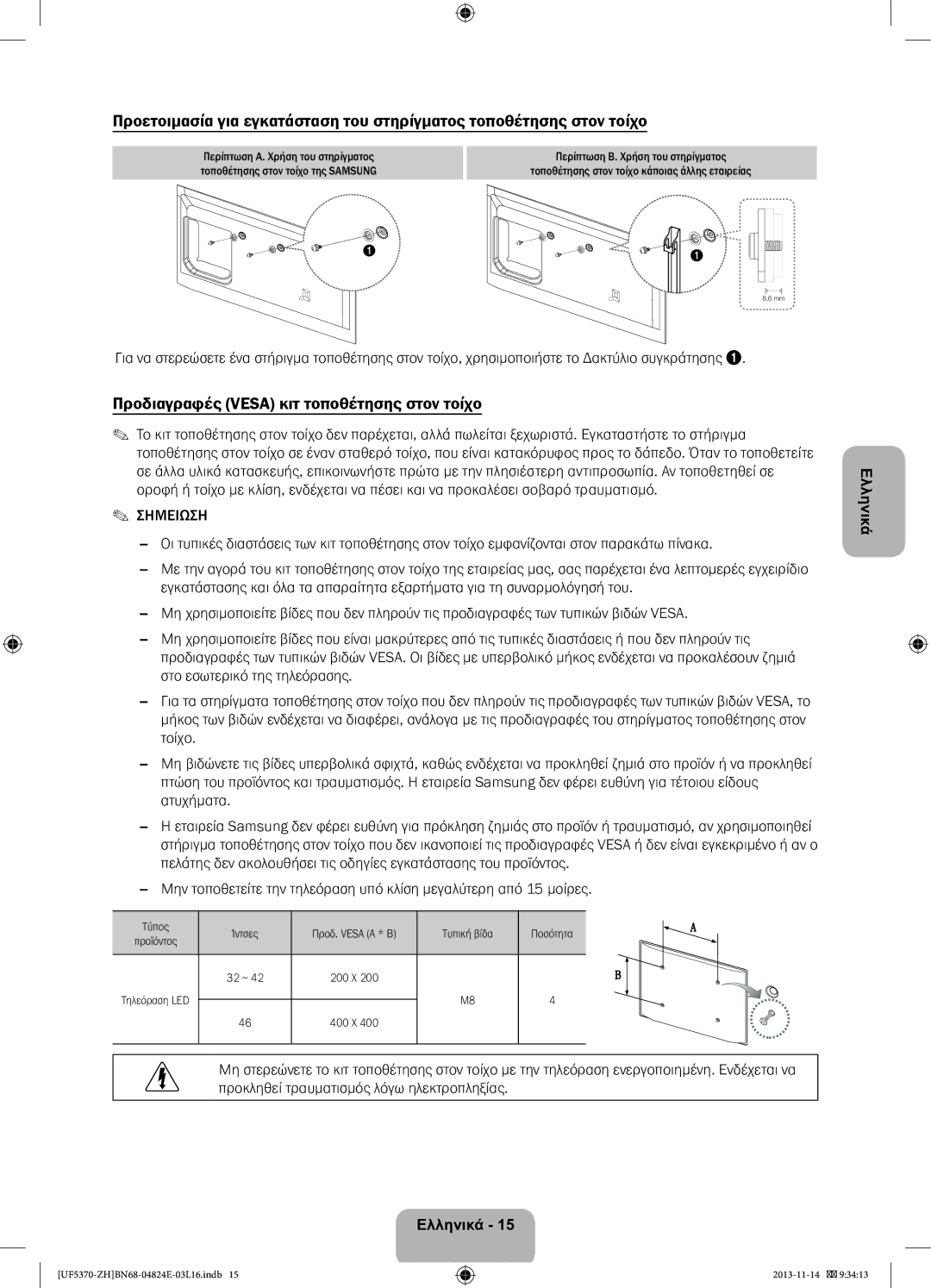 Samsung UE40F5370SSXZH, UE46F5370SSXZH Προδιαγραφές Vesa κιτ τοποθέτησης στον τοίχο, Τύπος Ίντσες, Τυπική βίδα Ποσότητα 