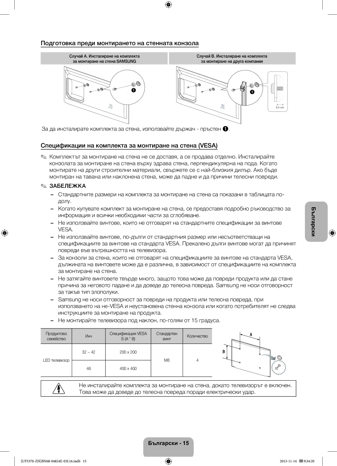 Samsung UE40F5370SSXZH, UE46F5370SSXZH manual Подготовка преди монтирането на стенната конзола 