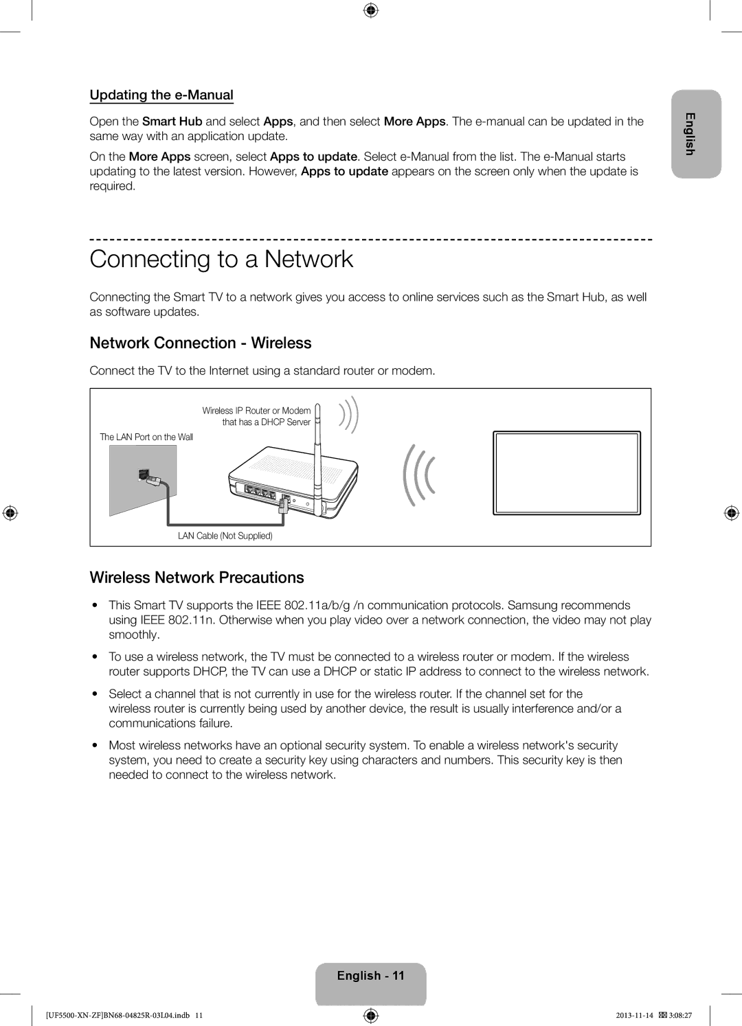 Samsung UE42F5500AWXZF, UE46F5500AWXZF Connecting to a Network, Network Connection Wireless, Wireless Network Precautions 