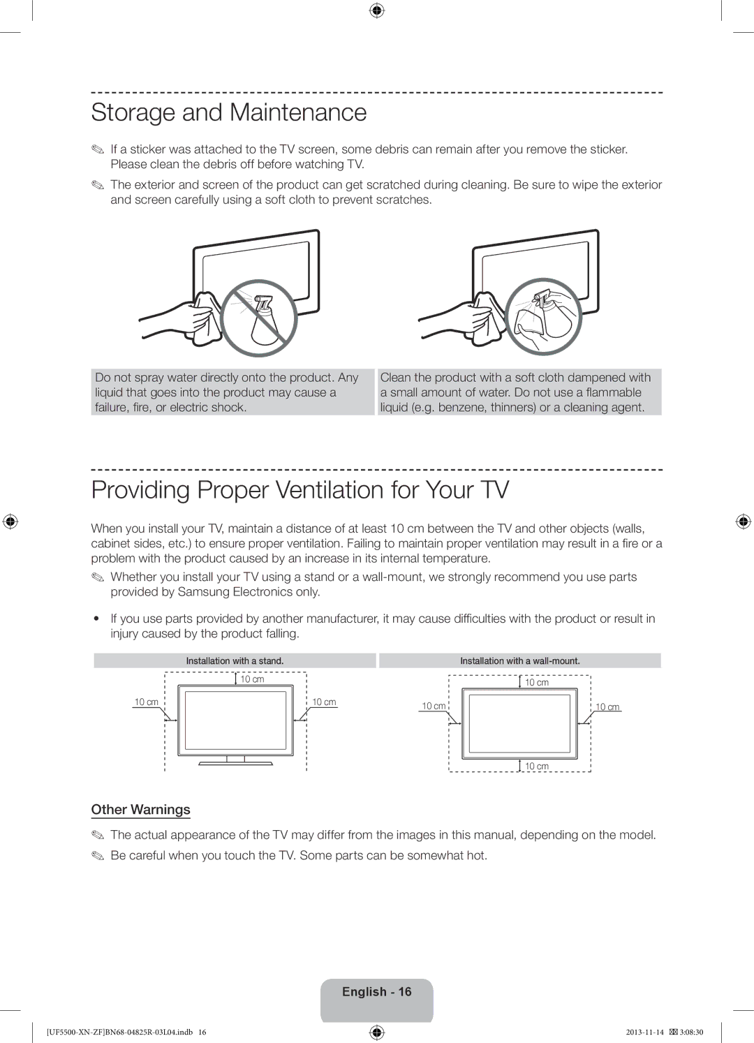 Samsung UE32F5500AWXZF, UE46F5500AWXZF Storage and Maintenance, Providing Proper Ventilation for Your TV, Other Warnings 