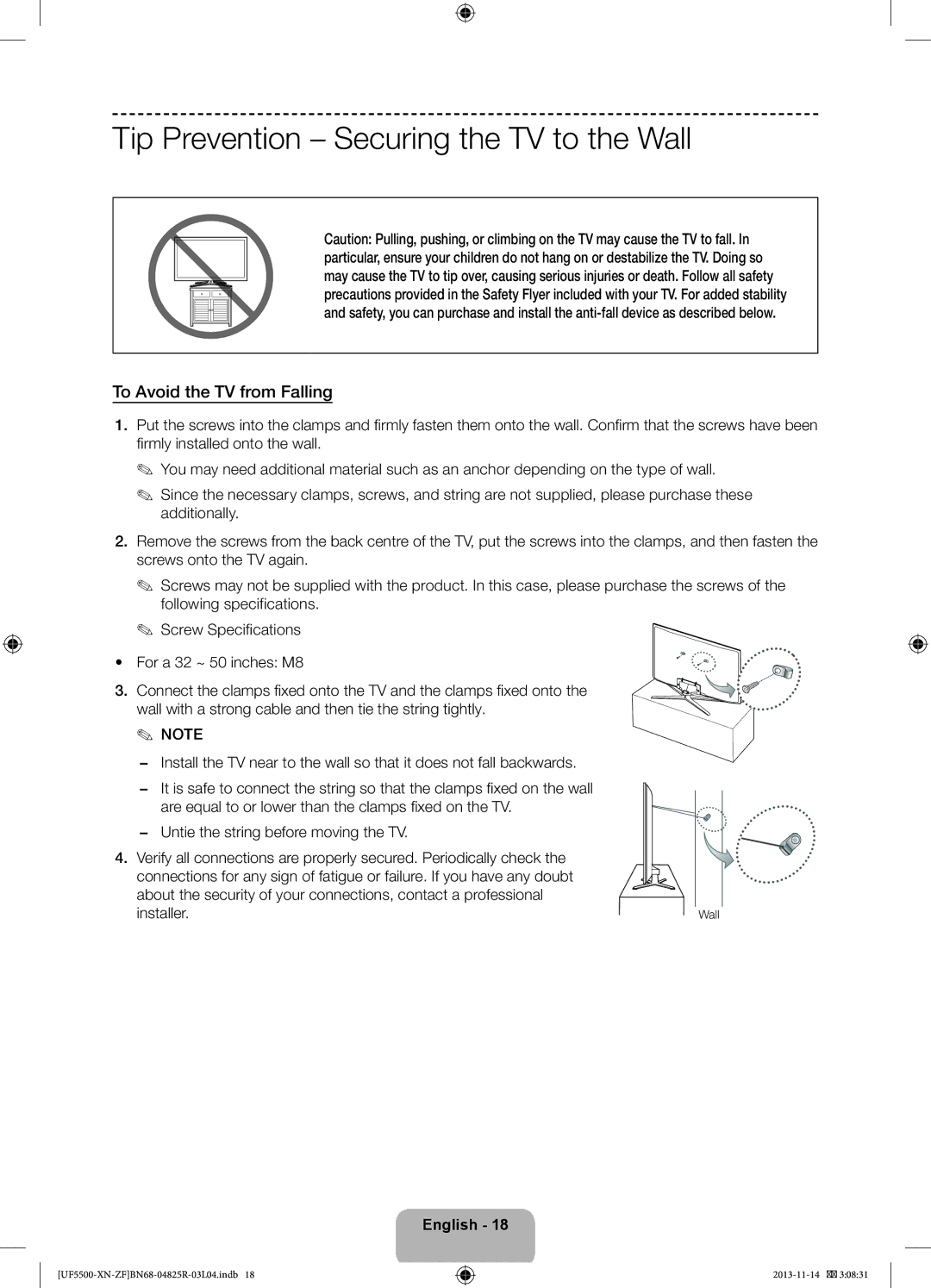 Samsung UE46F5500AWXZF, UE32F5500AWXZF manual Tip Prevention Securing the TV to the Wall, To Avoid the TV from Falling 