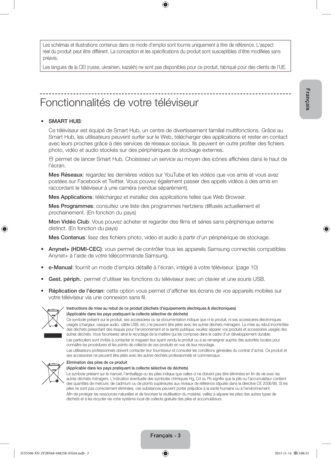 Samsung UE42F5500AWXZF, UE46F5500AWXZF, UE32F5500AWXZF manual Fonctionnalités de votre téléviseur 