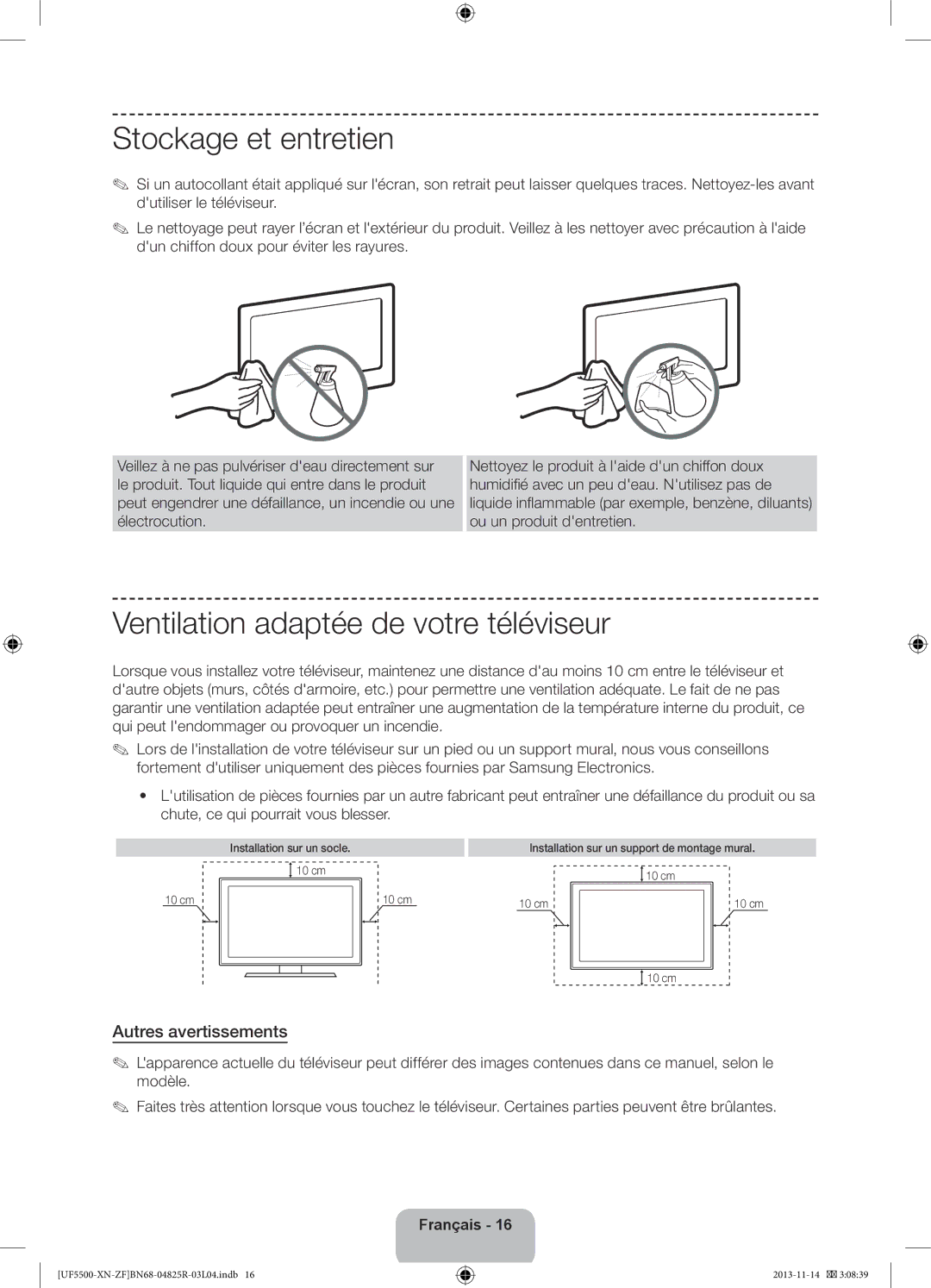 Samsung UE46F5500AWXZF manual Stockage et entretien, Ventilation adaptée de votre téléviseur, Autres avertissements 