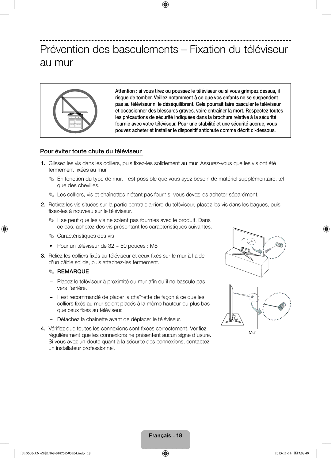 Samsung UE42F5500AWXZF Prévention des basculements Fixation du téléviseur au mur, Pour éviter toute chute du téléviseur 