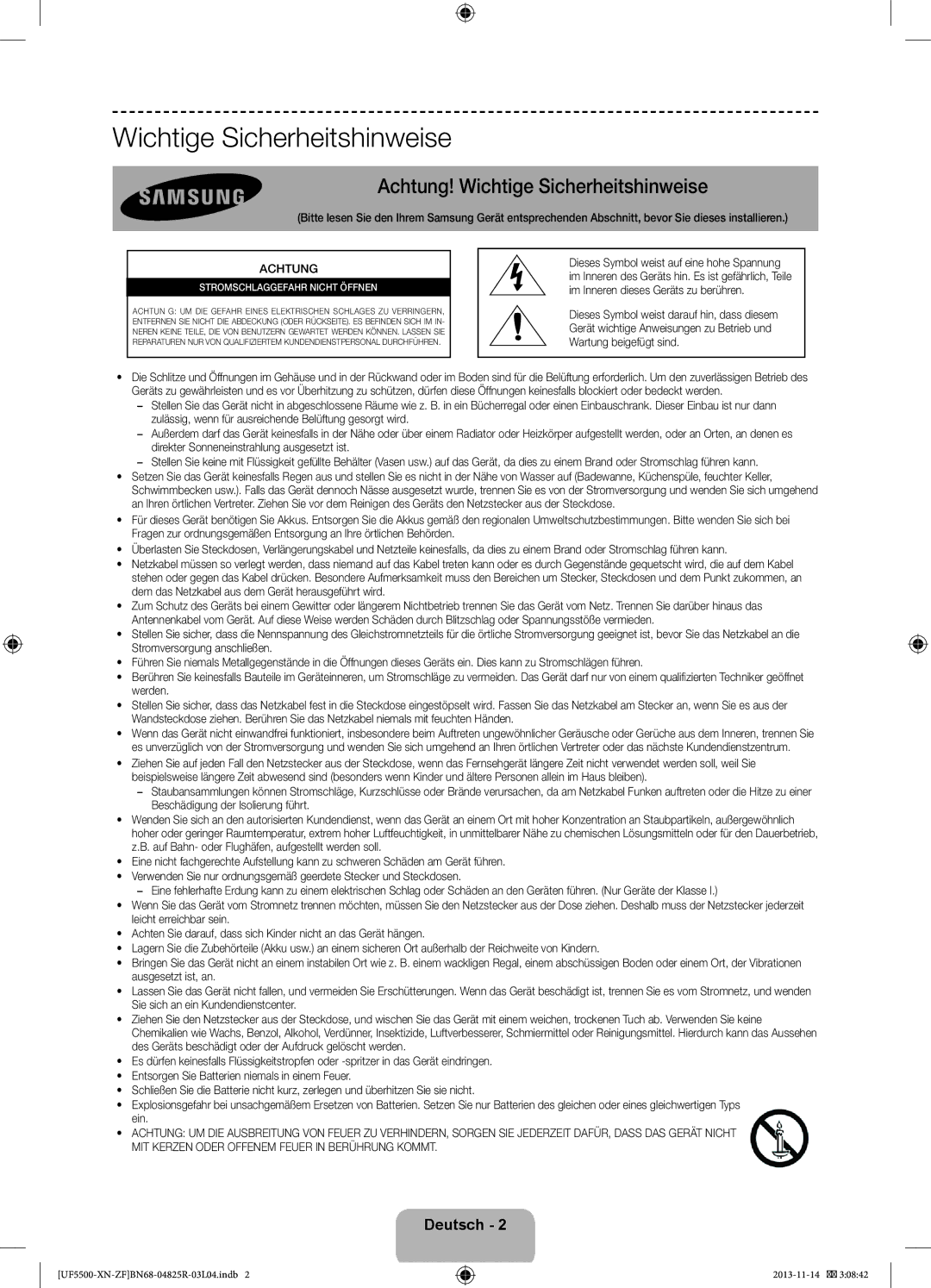 Samsung UE46F5500AWXZF, UE32F5500AWXZF, UE42F5500AWXZF manual Achtung! Wichtige Sicherheitshinweise 