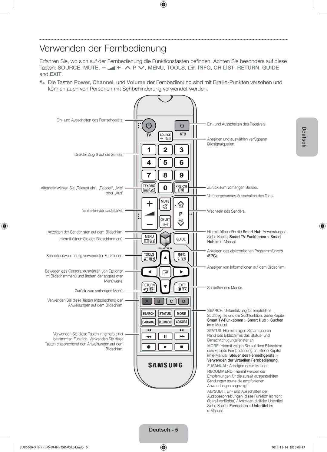 Samsung UE46F5500AWXZF, UE32F5500AWXZF, UE42F5500AWXZF manual Verwenden der Fernbedienung 