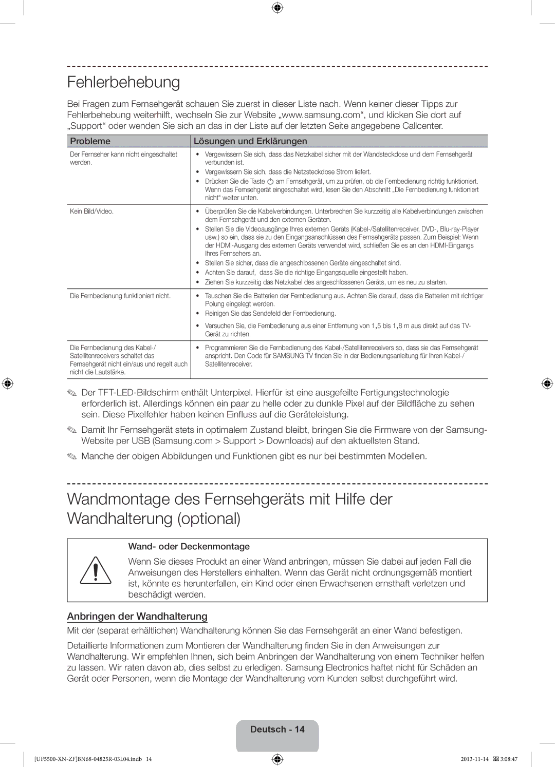 Samsung UE46F5500AWXZF, UE32F5500AWXZF, UE42F5500AWXZF manual Fehlerbehebung, Anbringen der Wandhalterung 