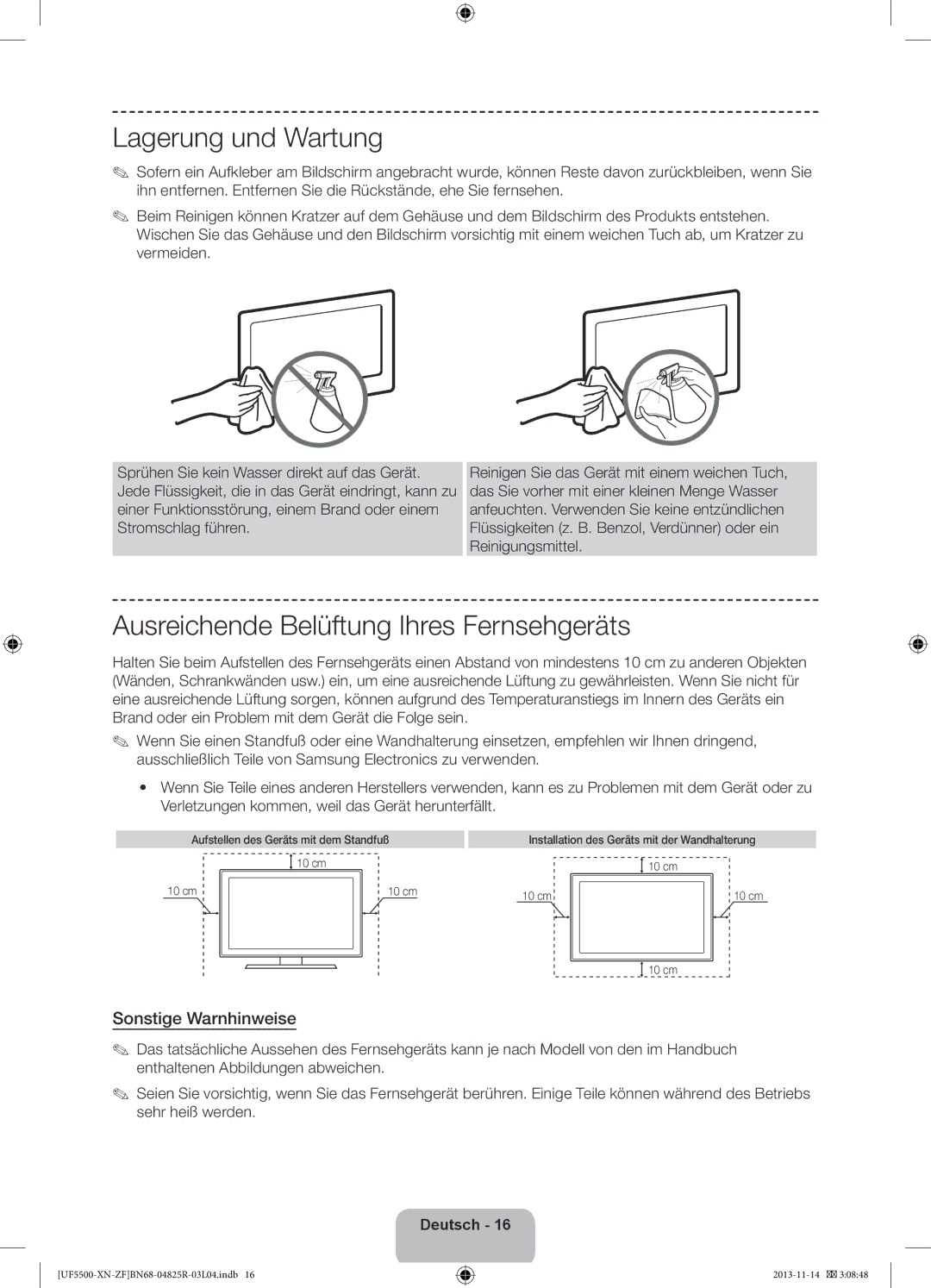 Samsung UE42F5500AWXZF manual Lagerung und Wartung, Ausreichende Belüftung Ihres Fernsehgeräts, Sonstige Warnhinweise 