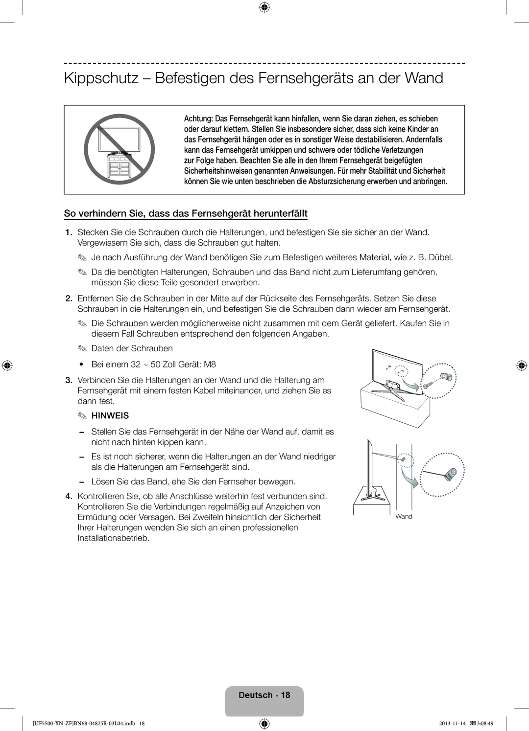 Samsung UE32F5500AWXZF, UE46F5500AWXZF, UE42F5500AWXZF manual Kippschutz Befestigen des Fernsehgeräts an der Wand 