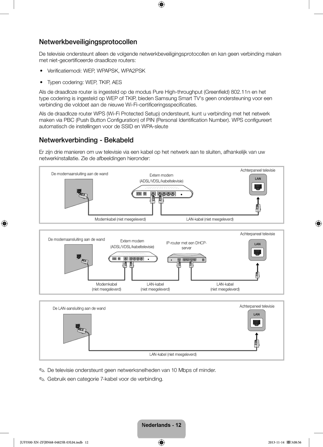 Samsung UE46F5500AWXZF manual Netwerkbeveiligingsprotocollen, Netwerkverbinding Bekabeld, De modemaansluiting aan de wand 