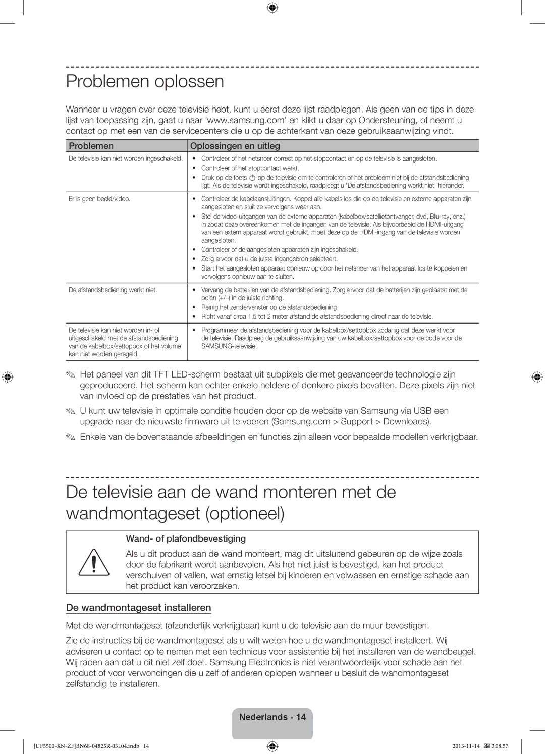 Samsung UE42F5500AWXZF, UE46F5500AWXZF, UE32F5500AWXZF manual Problemen oplossen, De wandmontageset installeren 