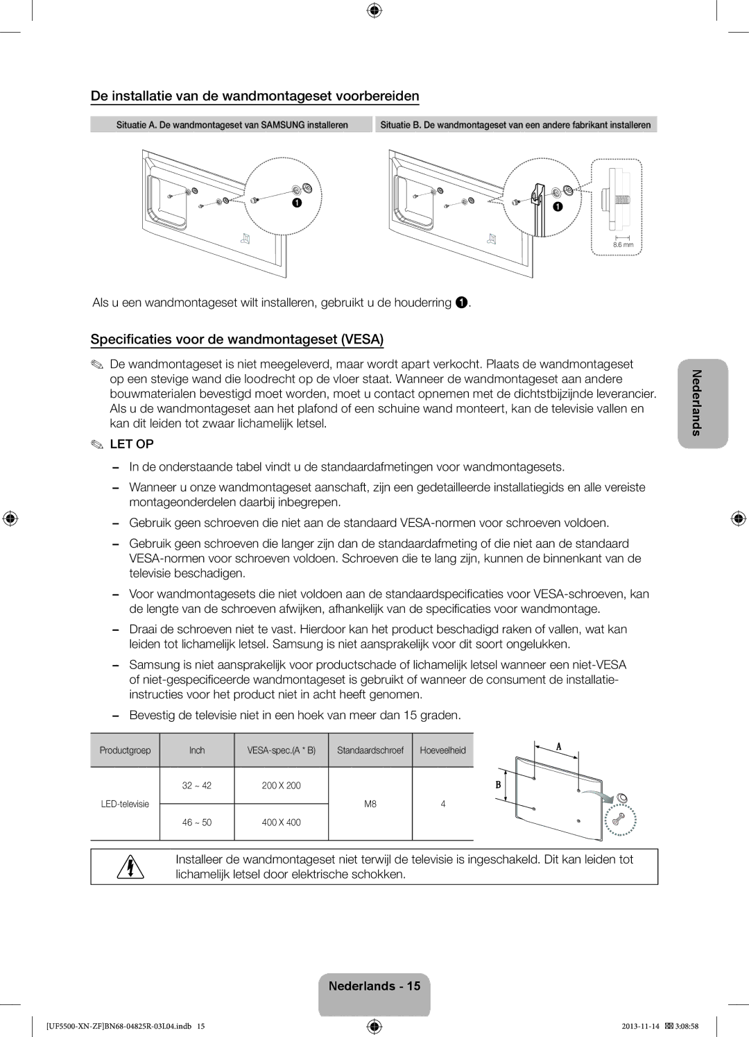 Samsung UE46F5500AWXZF manual De installatie van de wandmontageset voorbereiden, Specificaties voor de wandmontageset Vesa 