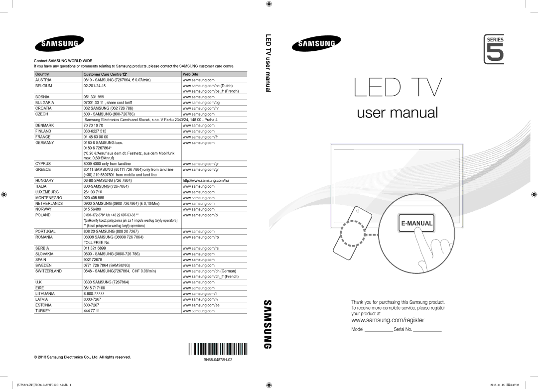 Samsung UE40F5570SSXZH, UE46F5570SSXZG manual 20 €/Anruf aus dem dt. Festnetz, aus dem Mobilfunk, BN68-04878H-02 