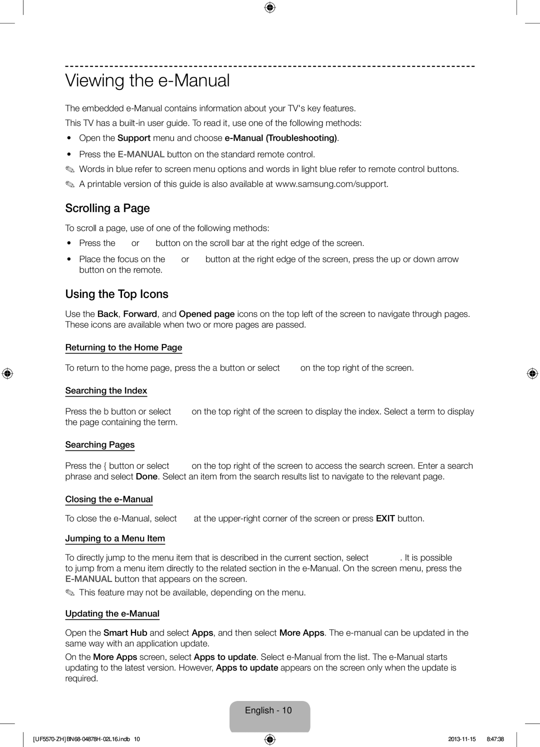 Samsung UE46F5570SSXZH, UE46F5570SSXZG manual Viewing the e-Manual, Scrolling a, Using the Top Icons, Button on the remote 