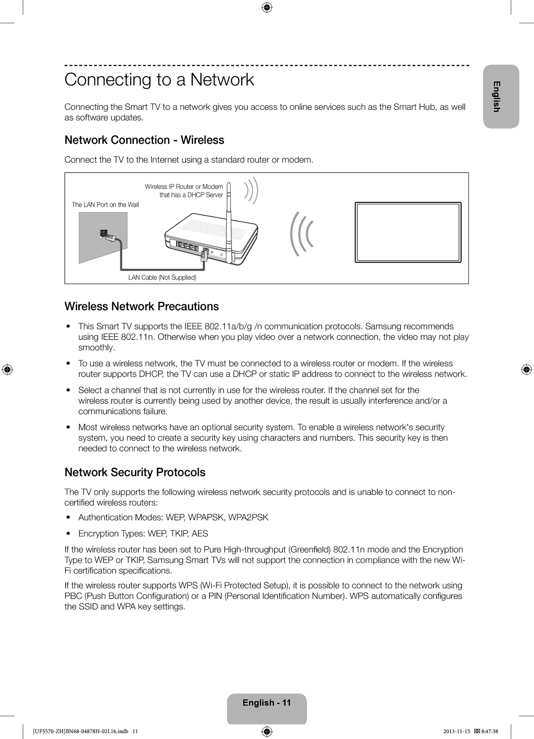 Samsung UE42F5570SSXZH, UE46F5570SSXZG Connecting to a Network, Network Connection Wireless, Wireless Network Precautions 