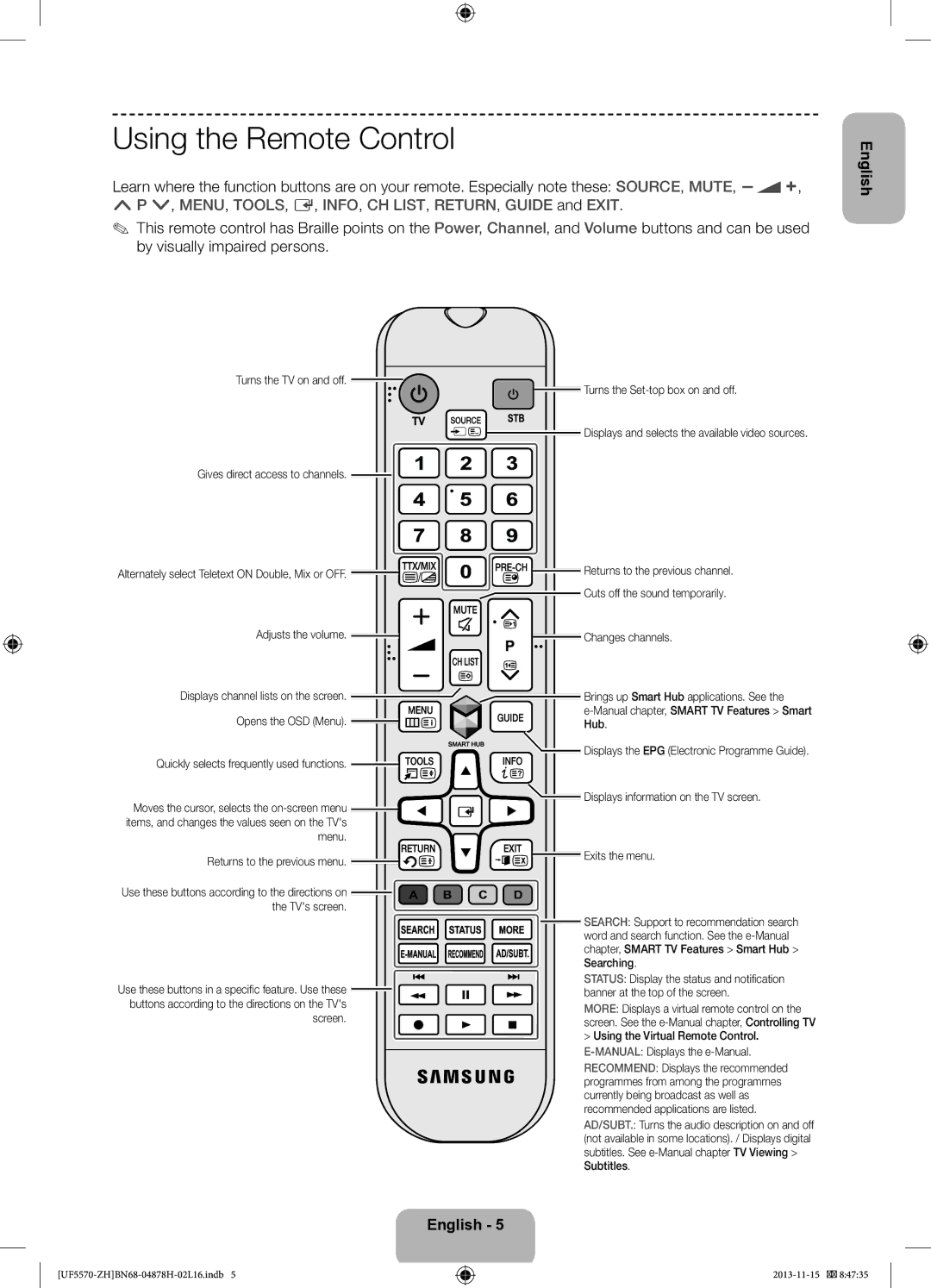 Samsung UE40F5570SSXZH, UE46F5570SSXZG, UE46F5570SSXZH, UE42F5570SSXZH manual Using the Remote Control 