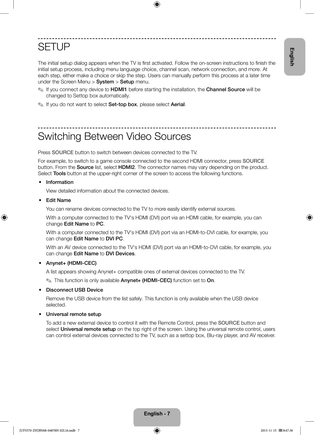 Samsung UE42F5570SSXZH, UE46F5570SSXZG, UE40F5570SSXZH, UE46F5570SSXZH manual Setup, Switching Between Video Sources 