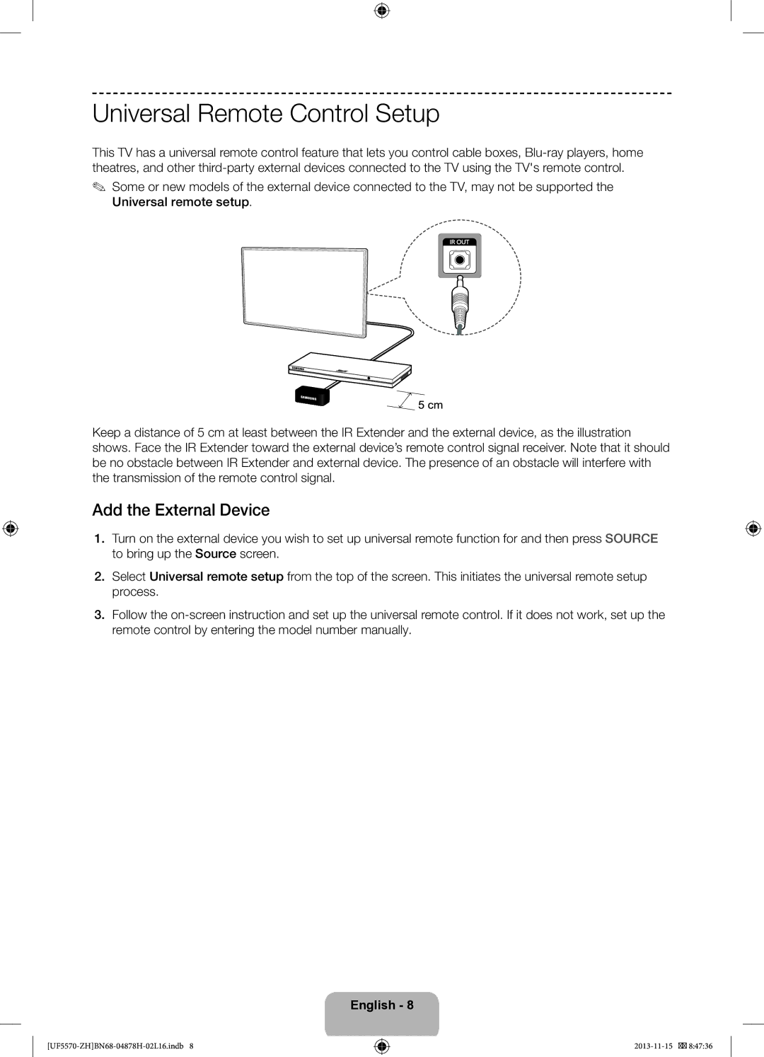 Samsung UE46F5570SSXZG, UE40F5570SSXZH, UE46F5570SSXZH manual Universal Remote Control Setup, Add the External Device 