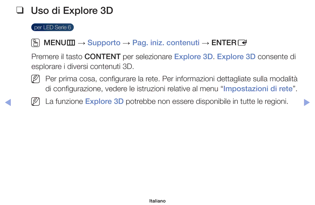 Samsung UE60F6100AKXZT, UE46F6100AWXXH, UE40F6100AWXZF, UE50F6100AWXZF Uso di Explore 3D, Esplorare i diversi contenuti 3D 