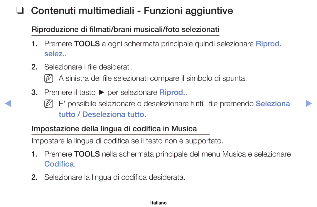 Samsung UE19F4000AWXZT, UE46F6100AWXXH Contenuti multimediali Funzioni aggiuntive, Tutto / Deseleziona tutto, Codifica 