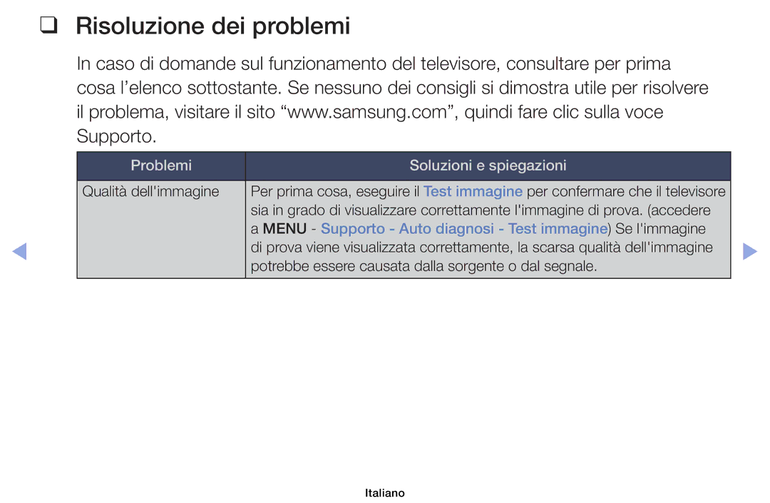 Samsung UE32F6100AKXZT, UE46F6100AWXXH Risoluzione dei problemi, Menu Supporto Auto diagnosi Test immagine Se limmagine 