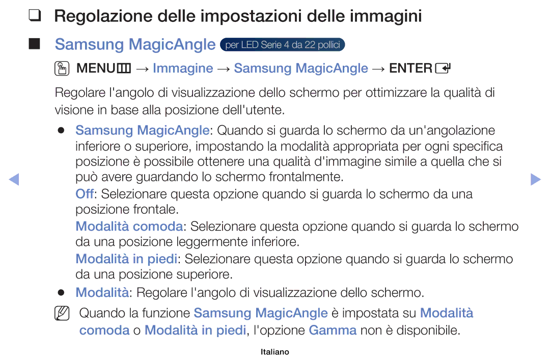 Samsung UE32EH6030WXZT Regolazione delle impostazioni delle immagini, OOMENUm → Immagine → Samsung MagicAngle → Entere 