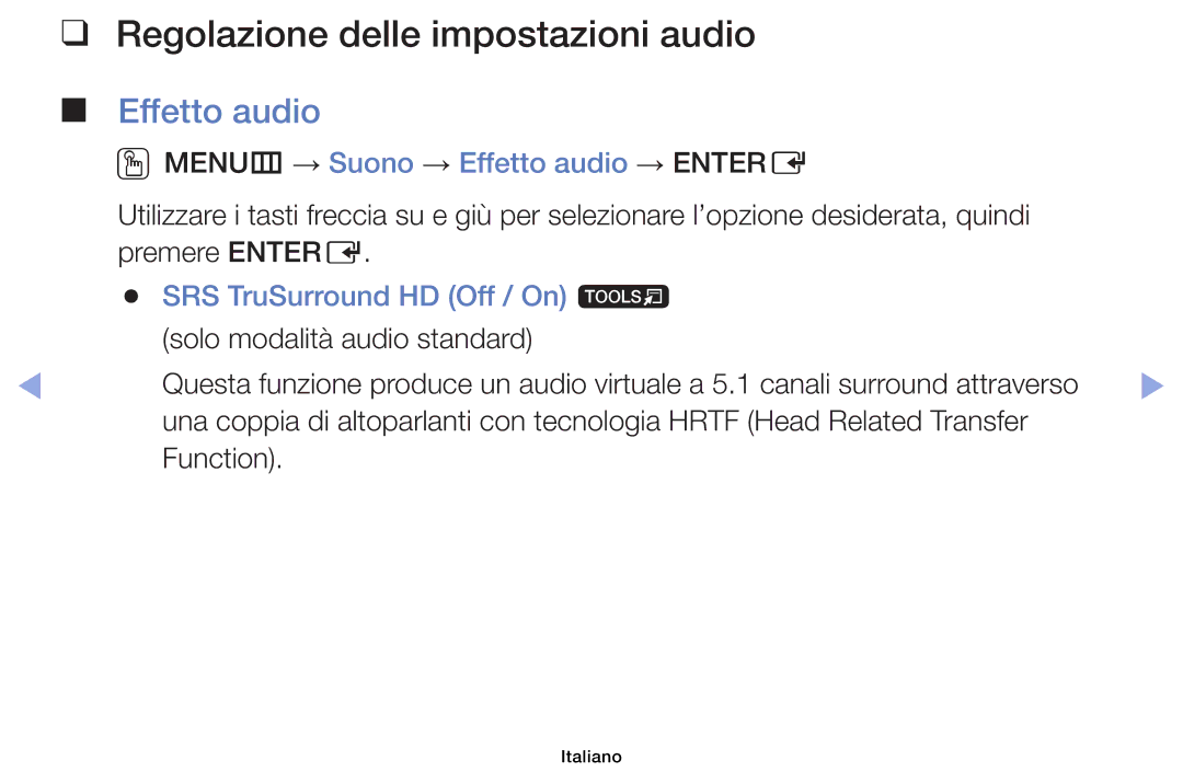 Samsung UE46F6100AKXZT, UE46F6100AWXXH Regolazione delle impostazioni audio, OOMENUm → Suono → Effetto audio → Entere 