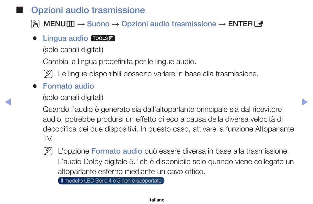 Samsung UE22F5000AKXZT manual Opzioni audio trasmissione, Audio, Formato audio, Caso, attivare la funzione Altoparlante 