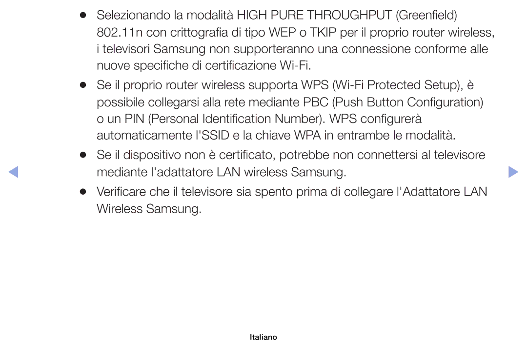 Samsung UE32EH6030WXZT manual Selezionando la modalità High Pure Throughput Greenfield, 802.11n con crittografia di tipo 